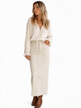 Jean Skirt Boho Western Coastal Cowgirl Cream Denim Maxi Long  Size Small‎ NWOT